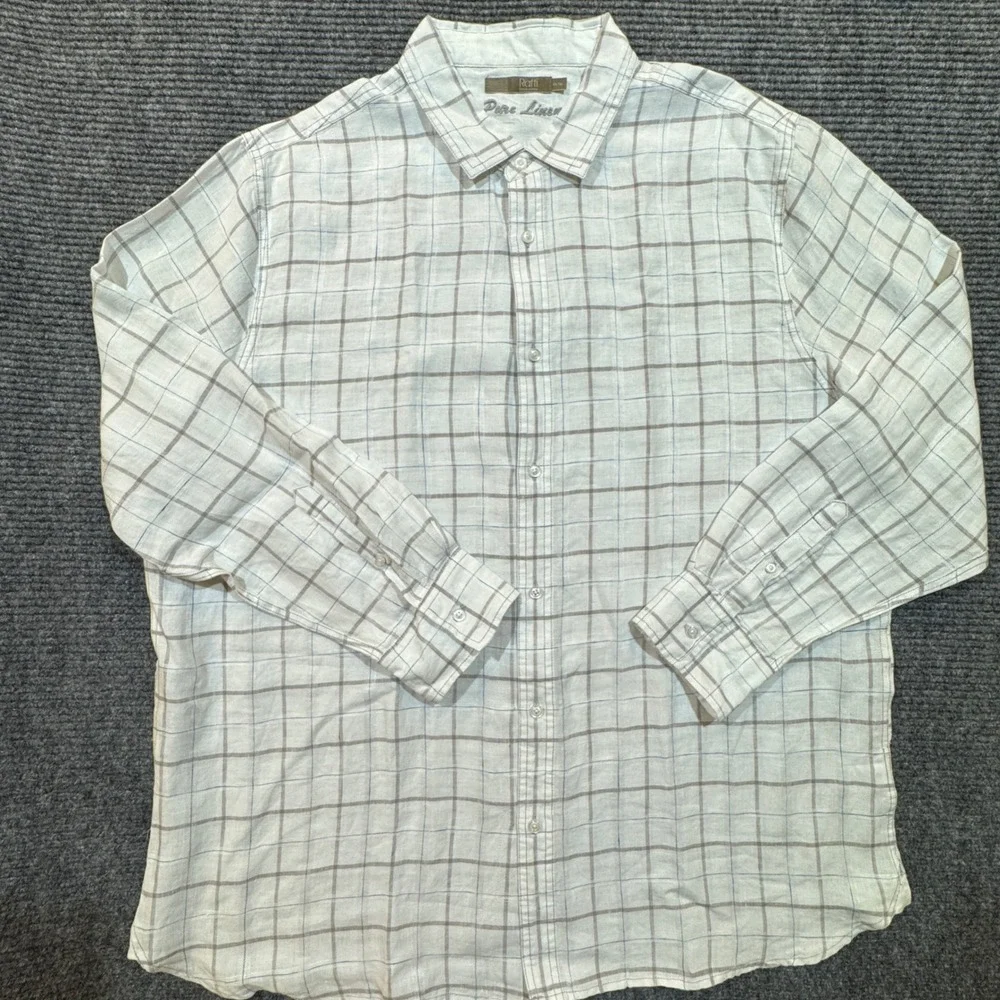 Raffi Pure Linen Button Up Shirt Mens XXL White Plaid Long Sleeve Summer Comfort